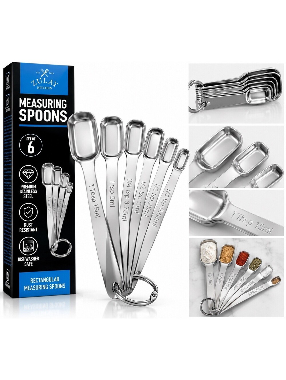 💙 ZULAY KITCHEN 6-Piece Stainless Steel Rectangular Measuring Spoons Set